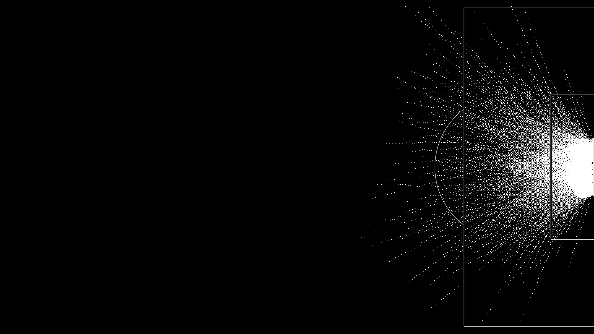 A dark, floodlit football pitch on which 1,172 thin glowing lines — one for every goal in StatsBomb's open Premier League 2015/16 and Women's World Cup 2023 data — fan out from across the attacking third and converge on a single blazing goal mouth.