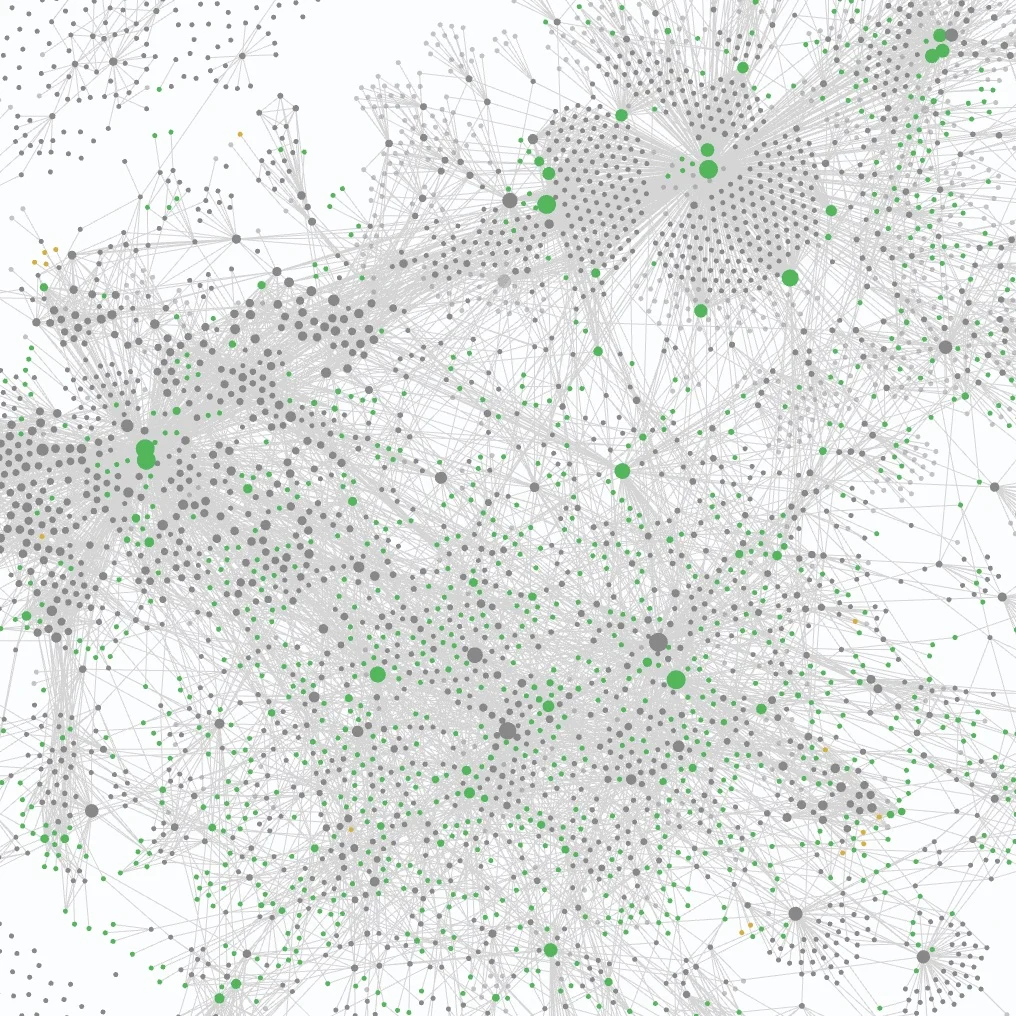 A dense force-directed graph of hundreds of interlinked notes, most nodes gray, a subset colored green for one active area