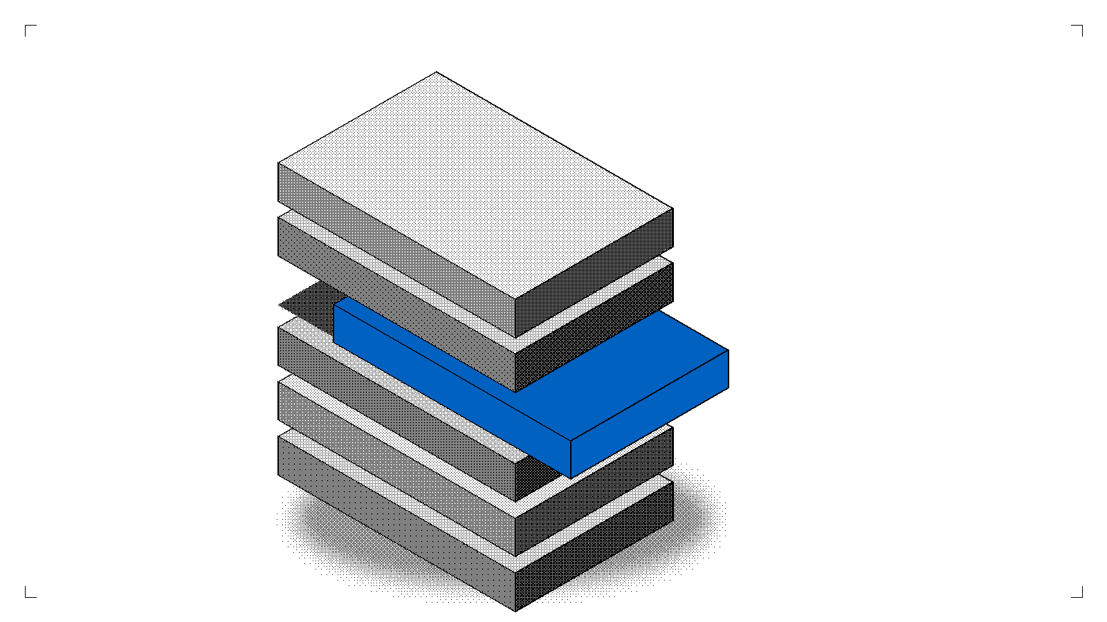 Isometric halftone illustration of six stacked modular slabs, dithered in black and white; one slab is pulled free of the stack and rendered as a single flat blue block against the monochrome rest.