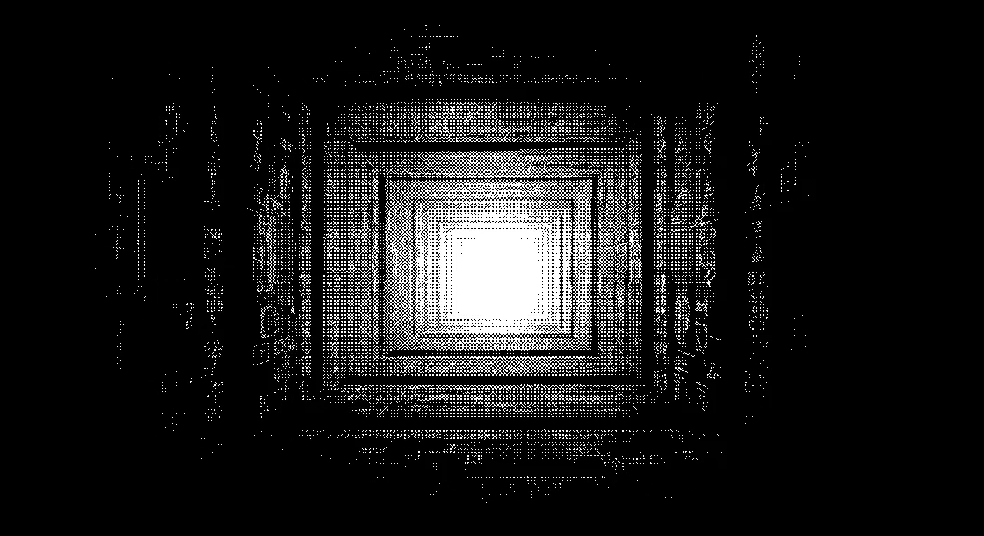 An infinite corridor of nested frames converging to a point of white light — Obra Dinn 1-bit dithered.