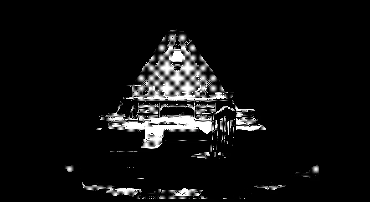 An empty writing desk covered in manuscripts, lit by a single hanging lamp — Obra Dinn 1-bit dithered.
